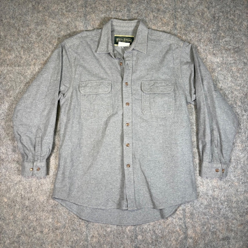 Field & Stream Mens Chamois Long Sleeve Button Up Flannel Shirt L Light Gray VTG